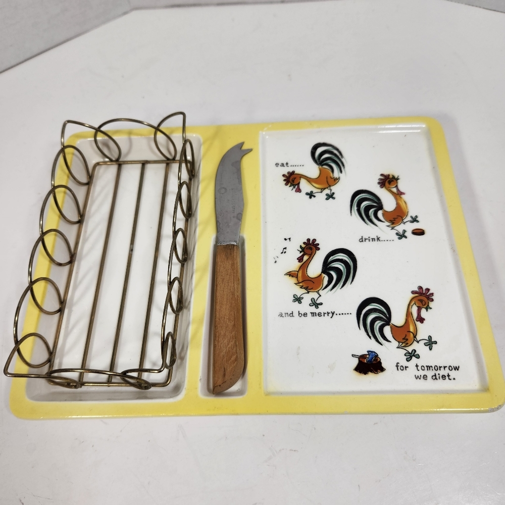 Antique vintage Cheese and crackers tray roosters japan esd ceramic